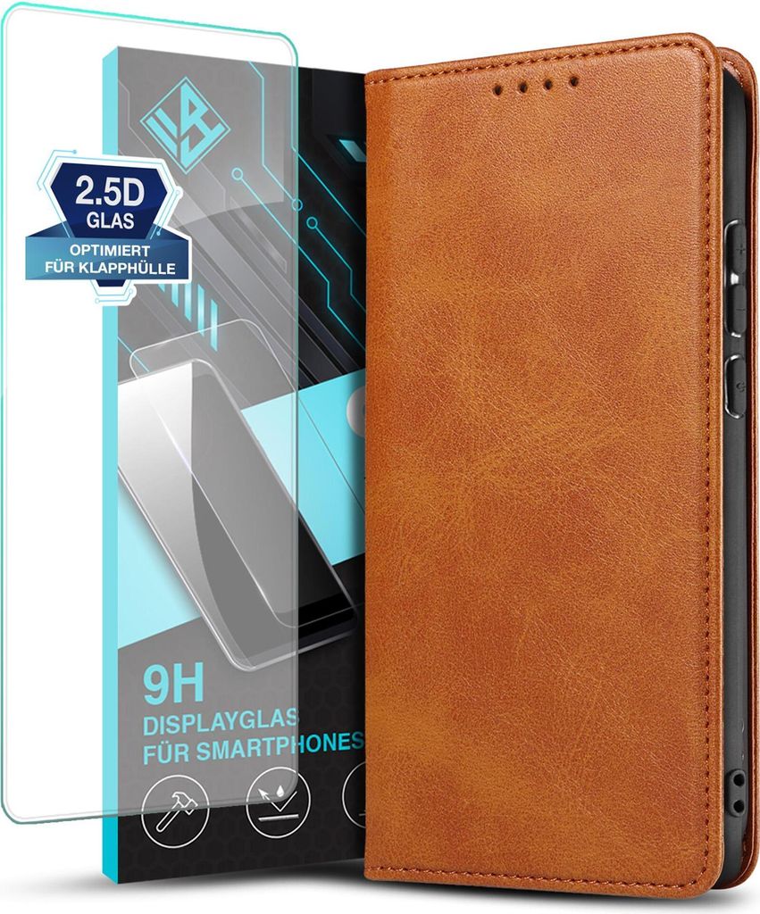 Handyhülle für Xiaomi Redmi Note 14 Pro 5G mit 9H Displayglas Kunstleder Flip Cover Hülle Handytasche Case Kartenfach Farbe: Hellbraun