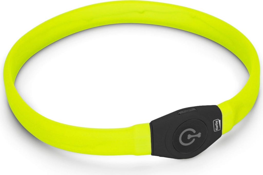 A bright yellow LED dog collar with a black control module.