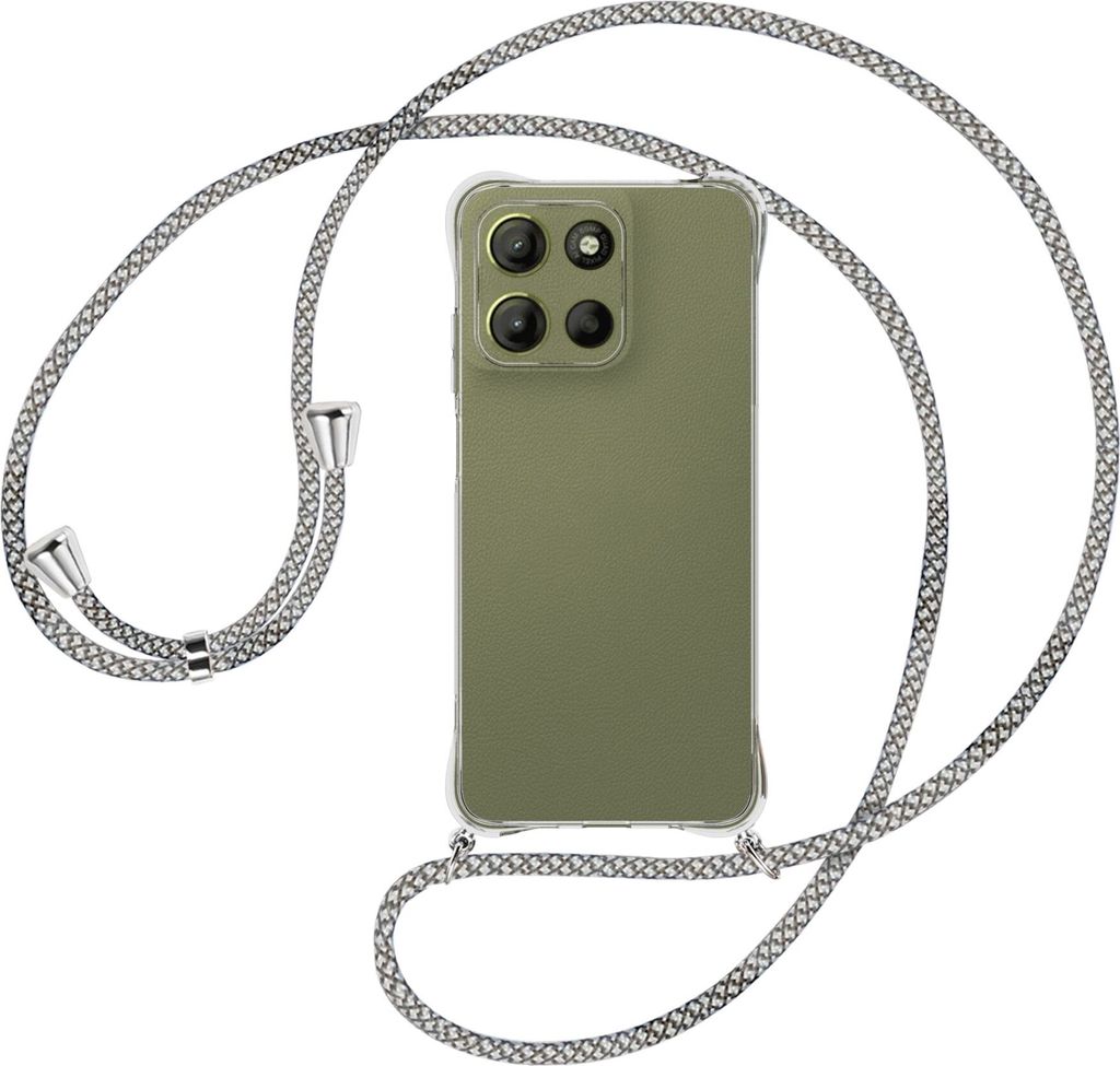 Handykette Backcover-Schutzhülle mit Band (Metall silberfarben) für Motorola Moto G15 - weiß/grau kariert
