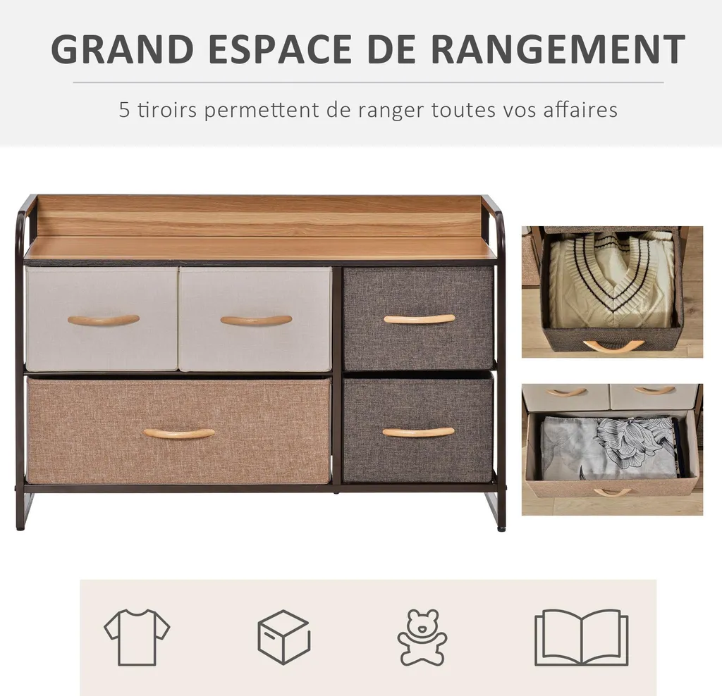 HOMCOM Commode de Rangement 5 Tiroirs en Tissu 88cm Marron et Beige
