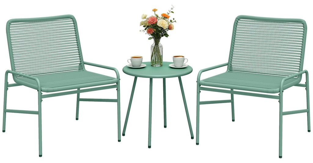 Bistro-Set 3-teilig Polyrattan, 2 Stühle + Tisch, Mintgrün, wetterfestes PE-Rattan, rostfreier Stahlrahmen pulverbeschichtet, verstellbare Fußka...