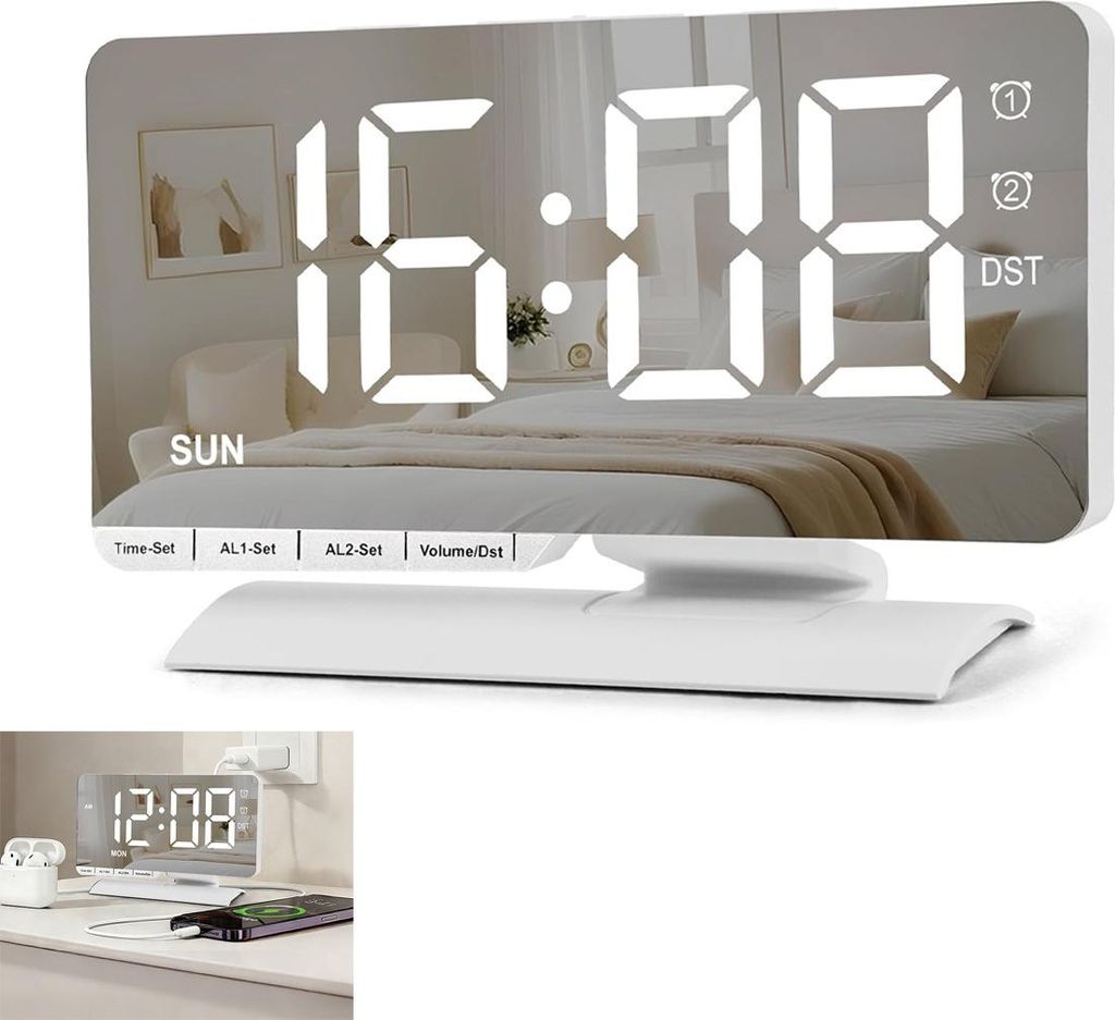 LED-Desktop-Uhr mit Speicherbatterie, 12/24 Stunden, Wochentagsanzeige, Wecker Digital mit Schlummerfunktion, 6 Helligkeit, 5 Lautstärke