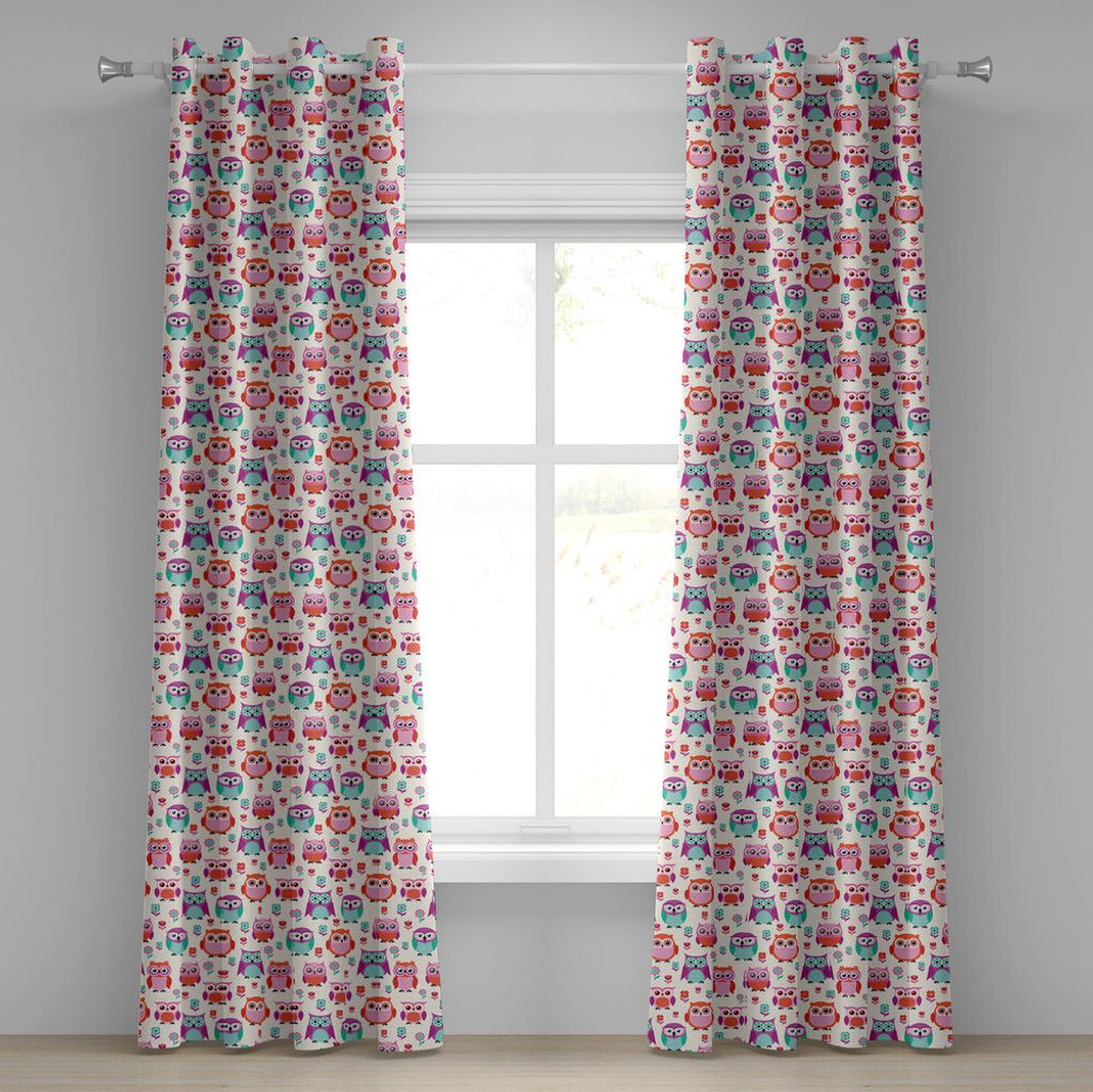 ABAKUHAUS Eulen Ösenvorhang, Eulen-glückliche Kindheit Hipster-moderne Wiederholungstier-Muster-Illustration, Dekorative 2-Panel-Fenstervorhänge...