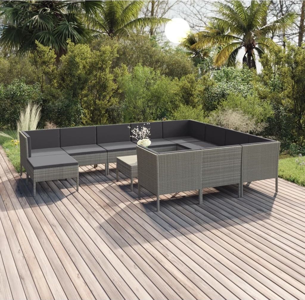 Möbel 12-tlg. Garten-Lounge-Set mit Auflagen Poly Rattan Grau - Balkonmöbel 3094514