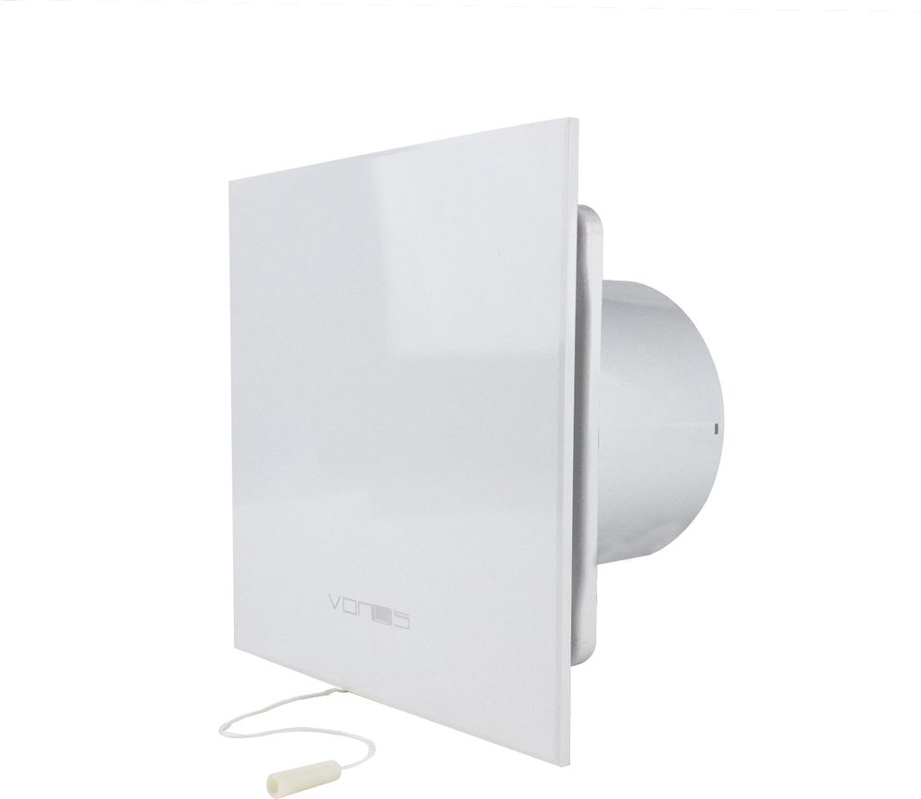 A white exhaust fan with a pull cord is shown against a white background.