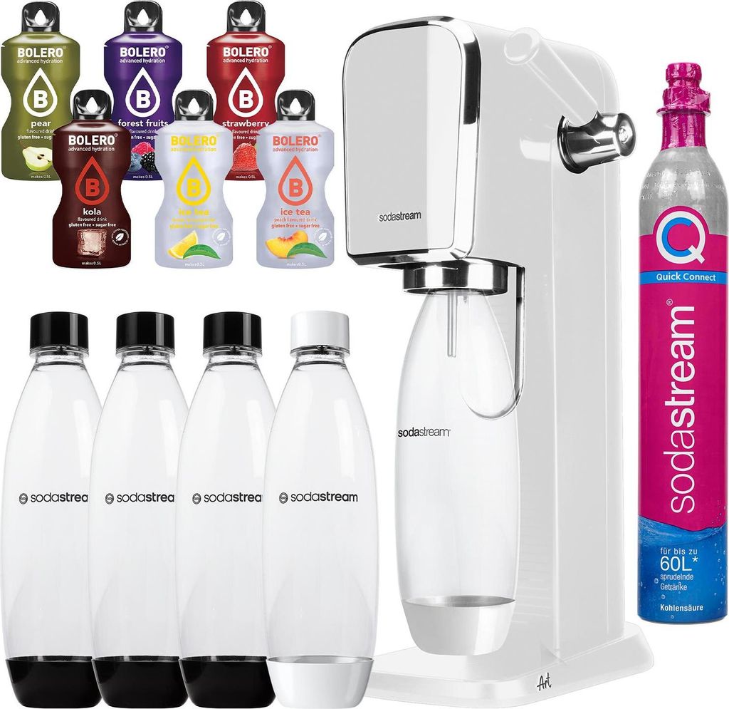 A collection of SodaStream products including a white SodaStream Art machine, multiple flavor bottles, and reusable bottles, along with a CO2 cylinder.