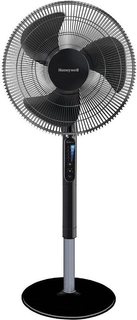 A black Honeywell stand fan is shown against a white background.