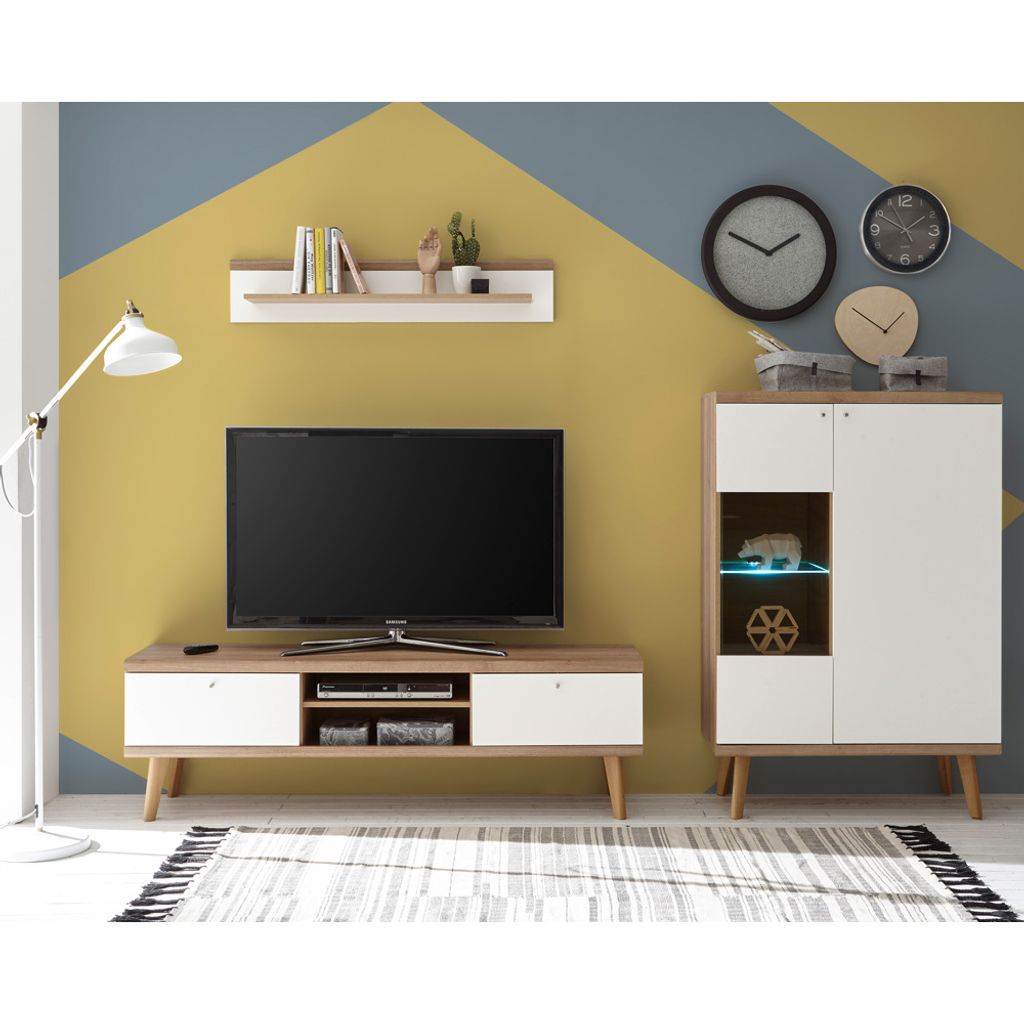 Retro Wohnwand mit Vitrinen-Highboard MAINZ-61 weiß matt mit Eiche Riviera Nb. B/H/T ca. 260x160x40cm