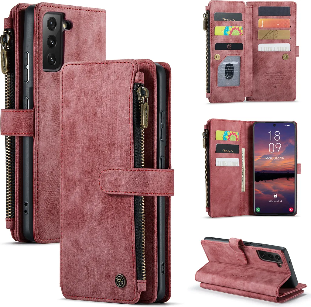 Custodia Samsung S22 5G Rossa: Cover Portafoglio in Pelle PU con Zip