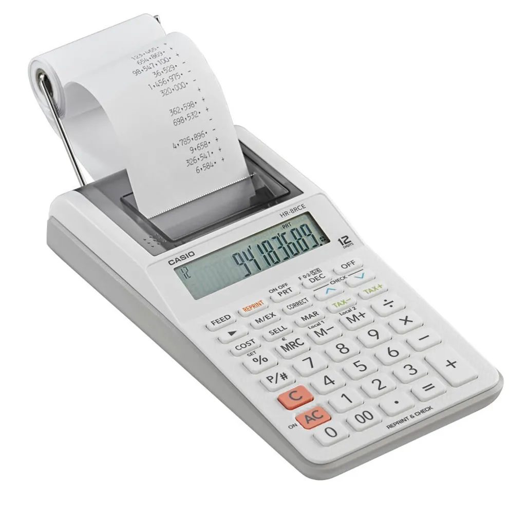 Casio HR-8RCE Calculatrice de bureau imprimante compacte blanche à piles