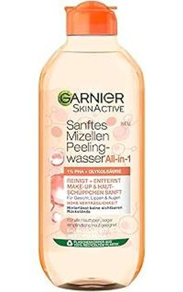 Garnier Sanftes Mizellen Peelingwasser, Reinigungswasser zur Entfernung von Make-Up Resten und abgestorbenen Hautschuppen, SkinActive, 1 x 400 ml