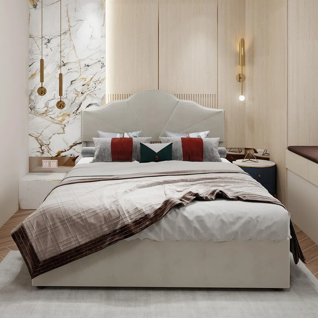 Sweiko Lit Beige 140x200cm avec Tête de Lit Souple et Rangement Hydraulique