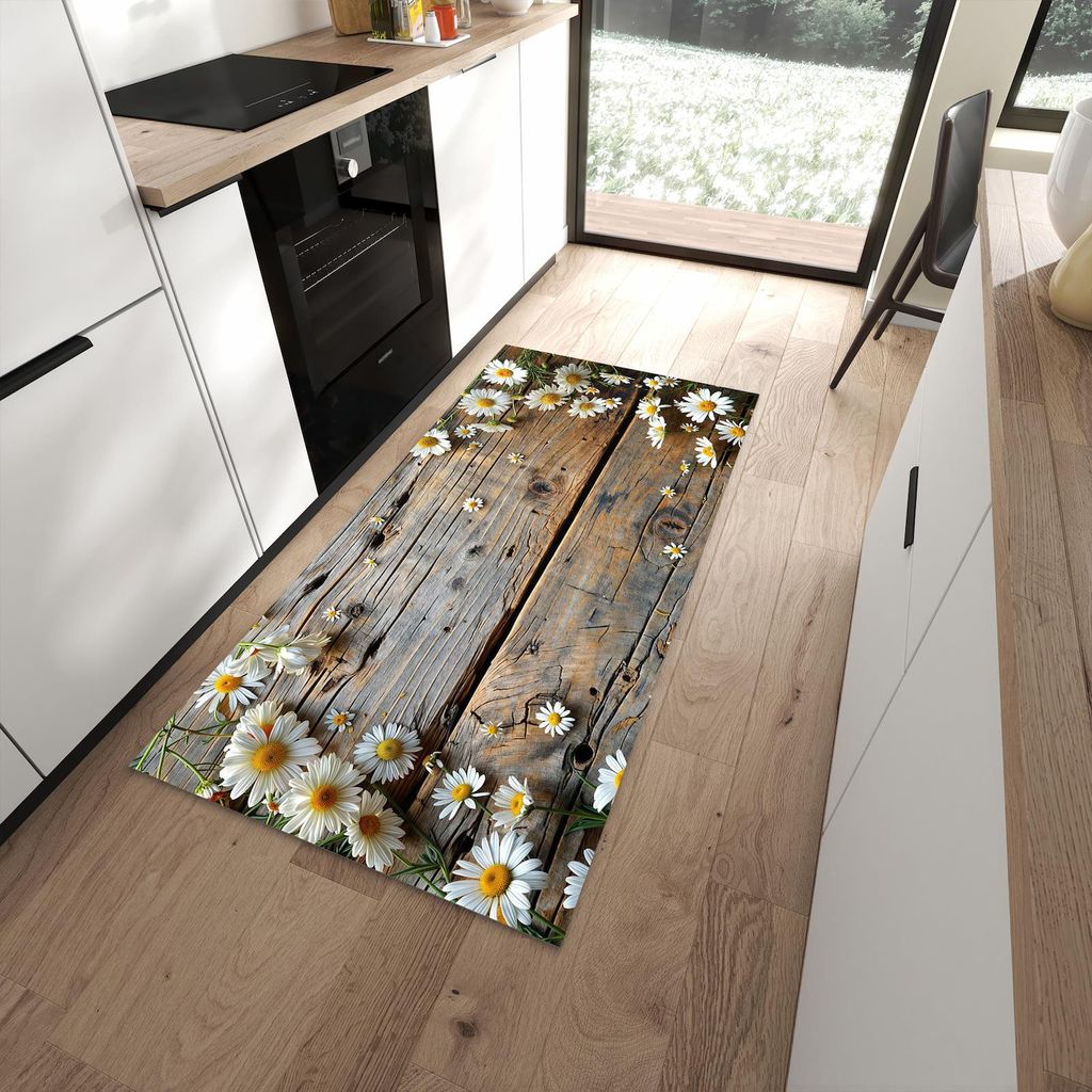 Küchenteppich 90x180cm rutschfest & abwischbar PVC Läufer - Holz und Gänseblümchen
