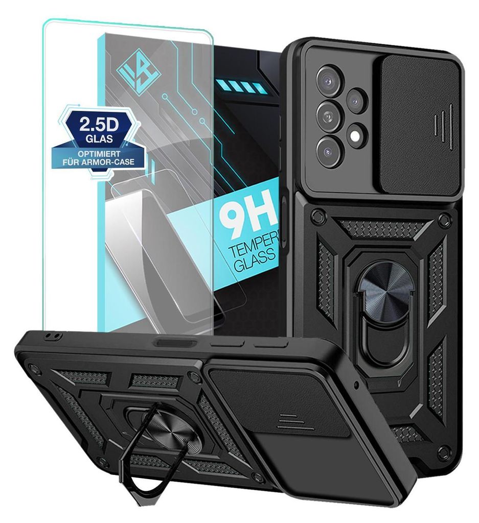 A black smartphone case and screen protector are displayed with marketing text.