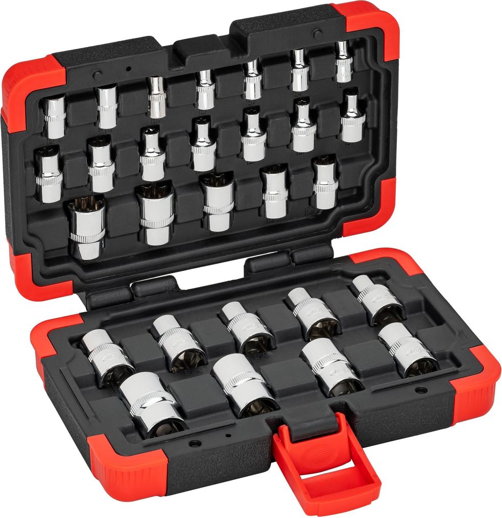 VIGOR Steckschlüsseleinsatz Satz, 1/4 (6,3 mm) Vierkant hohl, 3/8 (10 mm) Vierkant hohl, 1/2 (12,5 mm) Vierkant hohl, 28-tlg., E4 - E24, Anzahl Wer