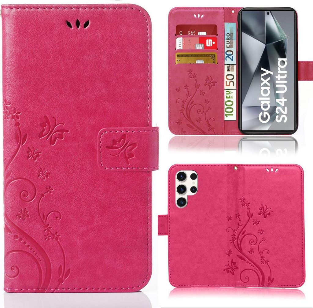 A collage of images showing a pink flip phone case with a floral pattern, a phone inside the case, and the back of the phone case.