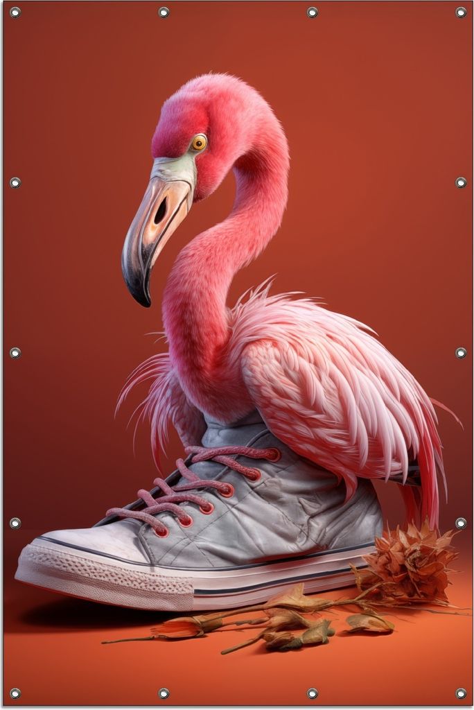 Wallario Outdoor-Poster für Garten oder Balkon, Motiv Flamingo im Sneaker, in ca. 120 x 180 cm