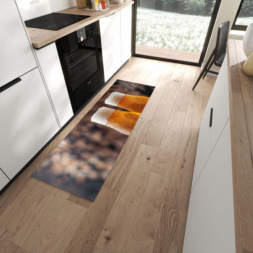 Küchenteppich 60x180cm rutschfest & abwischbar PVC Läufer - Bier auf Holz