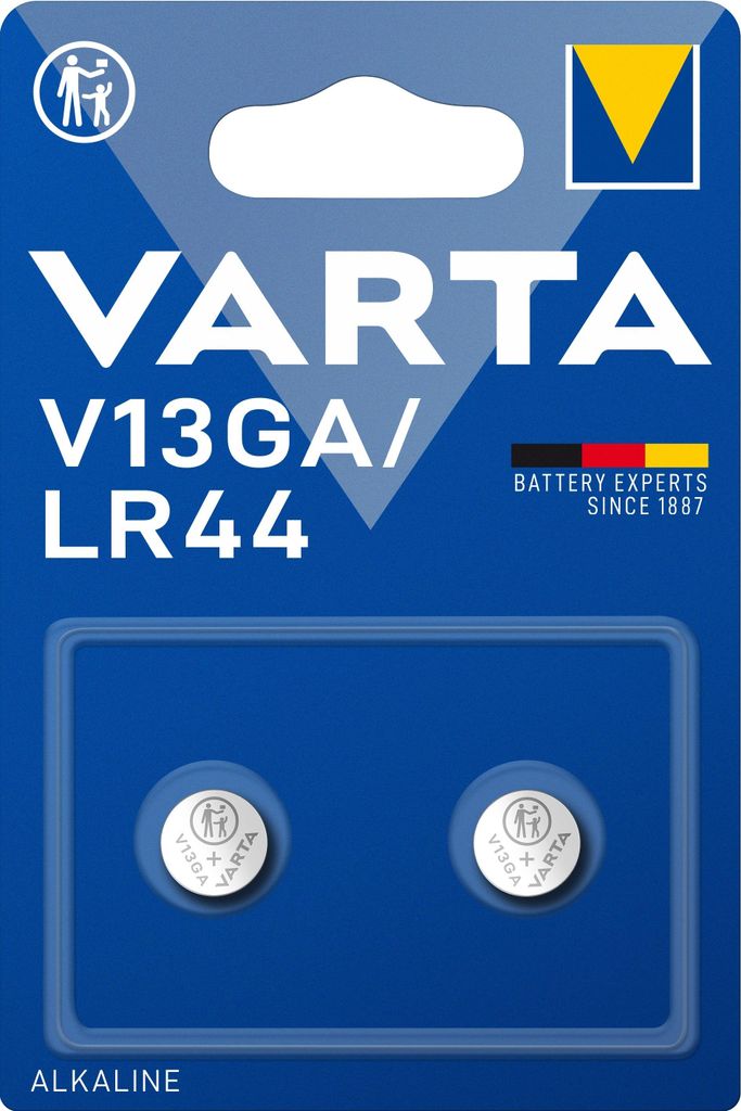 A package of VARTA V13GA/LR44 alkaline button cell batteries.