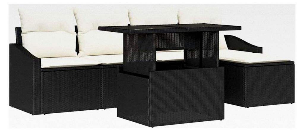 6-teiliges Garten-Sofa-Set mit Kissen aus schwarzem Poly-Rattan