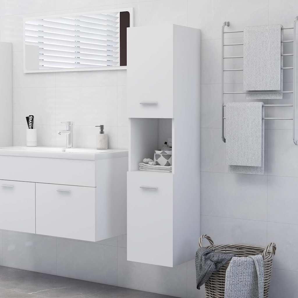 A white bathroom cabinet is shown in a clean, modern bathroom setting.