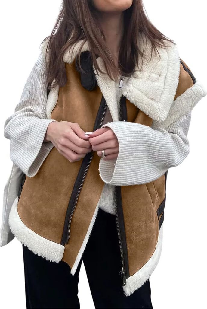 ASKSA Damen Winter aermellose Westen Dicke Warme Fleecejacke Faux Wildleder Sherpa Oversize Weste Jacke Zip Up Wolle Pelz Mantel mit Taschen (Braun,L)