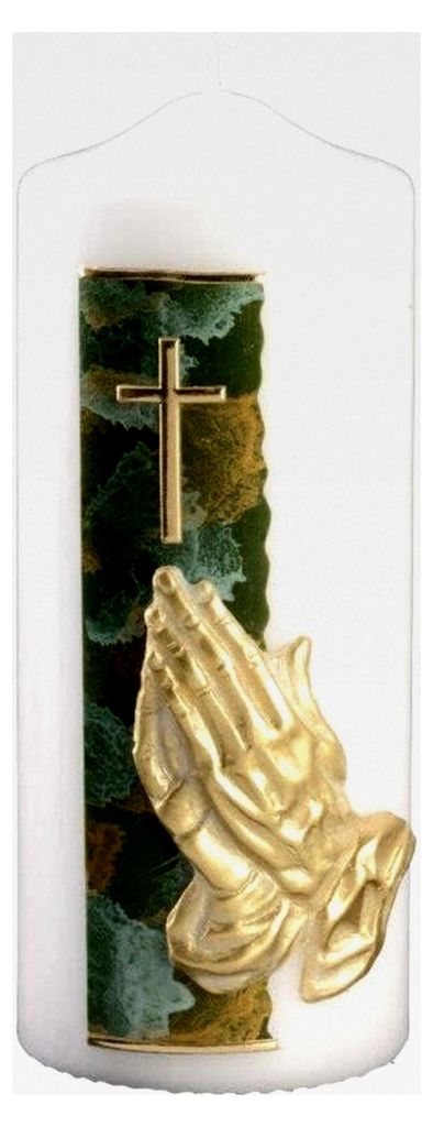 Trauerkerze mit betenden Händen und Kreuz in Gold, 200 x 80 mm, inklusive Klarsichtkarton