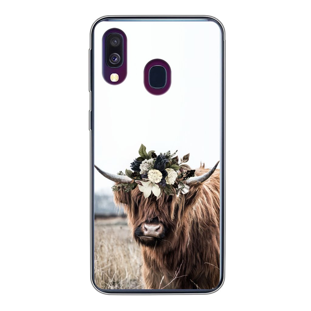 MuchoWow Handyhülle Schutzhülle Hülle für Samsung Galaxy A40 Schottischer Highlander - Blumen - Tiere Silikon Softcase Handy Hülle - Handy-T...
