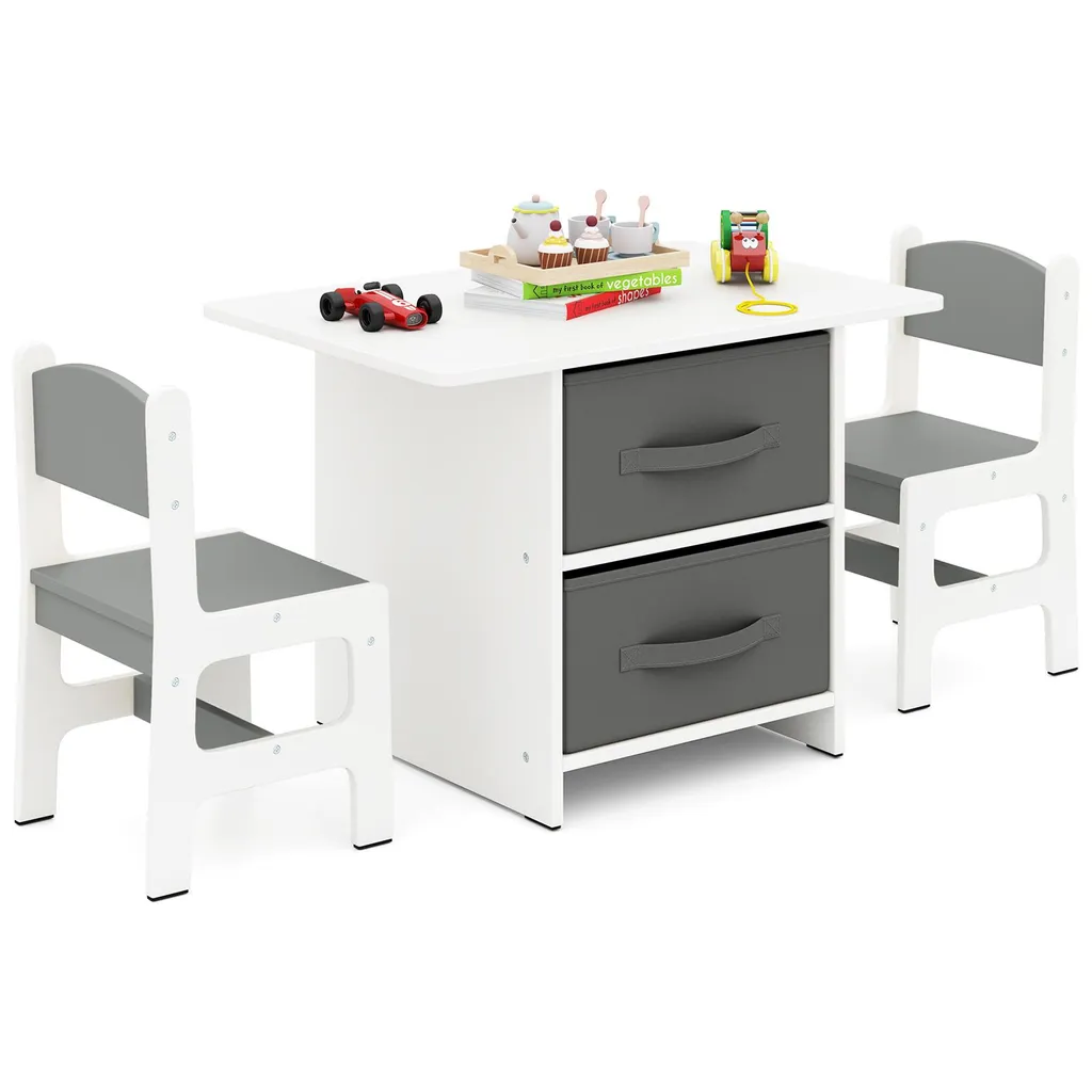 Table d'enfant COSTWAY avec 2 chaises et paniers de rangement en bois