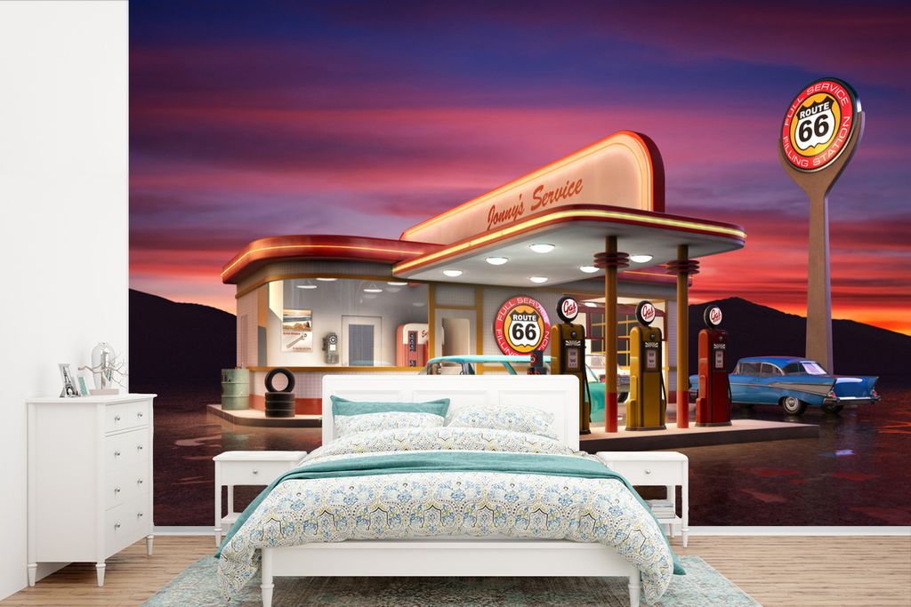 MuchoWow Fototapete für Wohnzimmer oder Schlafzimmer Wandtapete Vinyl Motivtapete Tankstelle - Auto - Oldtimer - 420x280 cm - Zimmer für Kinder