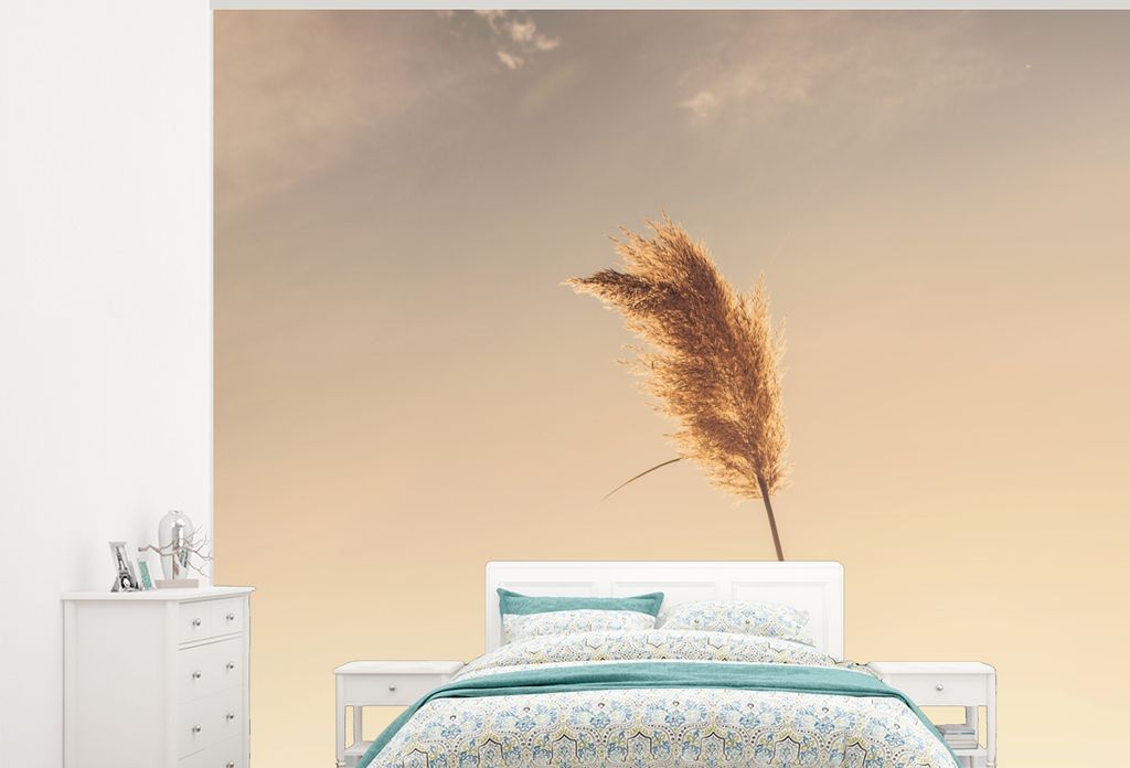 MuchoWow Fototapete für Wohnzimmer oder Schlafzimmer Wandtapete Vinyl Motivtapete Pampa - Gras - Himmel - Rosa - 275x220 cm - Gemustert