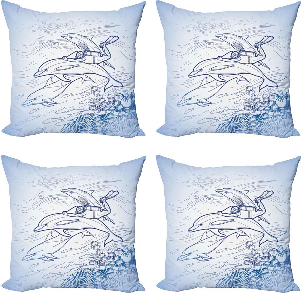 ABAKUHAUS Meerestiere Kissenbezug Set (4 Stück), Sketch Scuba Diver, Moderner Doppelseitiger Digitaldruck, 45 cm x 45 cm, Mehrfarbig