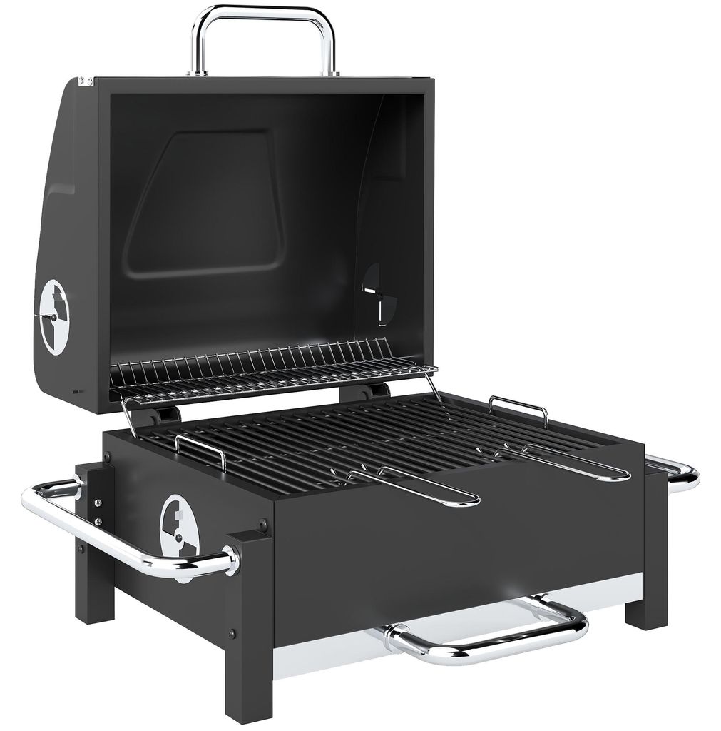 Holzkohlegrill aus Stahl tragbarer BBQ Smoker mit Deckel verstellbare Lüftung zweistufige Kohlepfanne Thermometer
