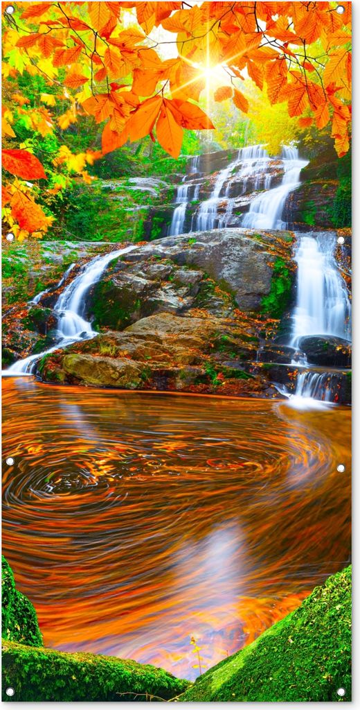MuchoWow 80x160 cm Outdoor-Poster Gartendeko Sichtschutz Garten Poster für den Garten Natur - Wasserfall - Steine - Moos - Blätter - Grün
