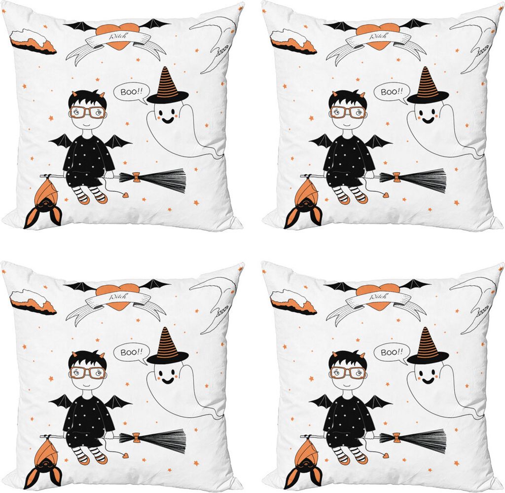 ABAKUHAUS Geist Kissenbezug Set (4 Stück), Hexe fliegt auf einem Besen, Moderner Doppelseitiger Digitaldruck, 40 cm x 40 cm, Orange Schwarz und Weiß