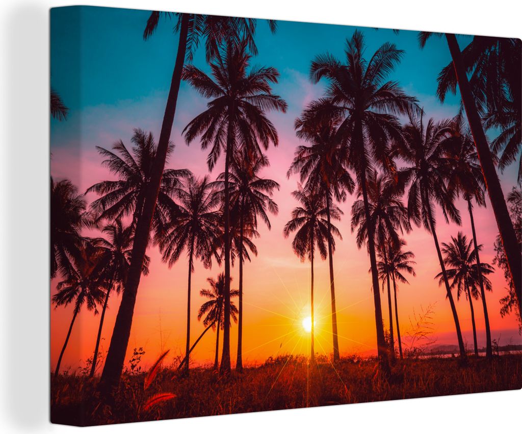OneMillionCanvasses - Leinwandbilder - 150x100 cm, Palme - Sonnenuntergang - Horizont - Strand - Orange - Rosa, Wandbilder Kunstdruck Wanddekorat...