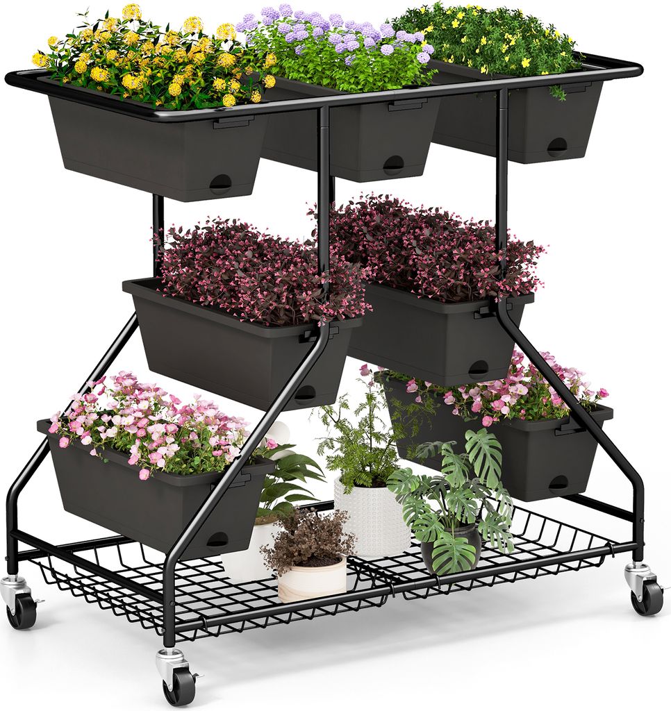 COSTWAY Blumenständer Blumentreppe mit Blumenkästen, Rollen, 7 Pflanzkästen, 2 Körben & Abflusslöchern, Pflanzenständer 100x56x99cm Schwarz