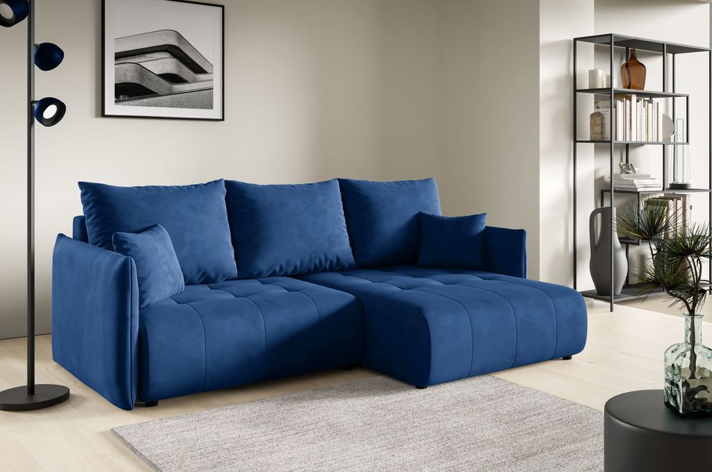 3 Sitzer Ecksofa in L-Form ANTONIO MINI HENRY, Ottomane rechts oder links, Schlaffunktion & Bettkästen, Eckarniutur, Samtbezug in Dunkelblau