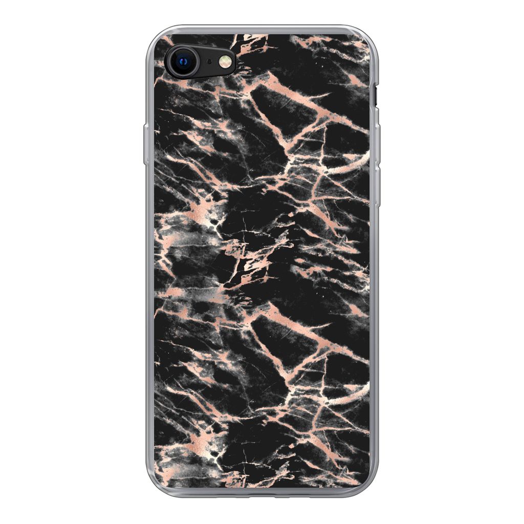 MuchoWow Handyhülle Schutzhülle Hülle für iPhone SE 2020 Roségold - Marmor - Muster - Schwarz Silikon Softcase Handy Hülle - Kartenbesitzer