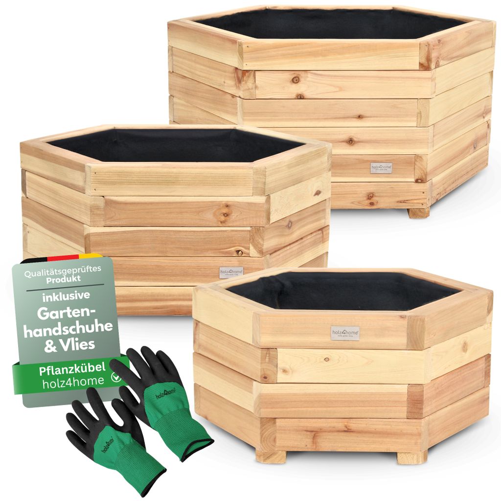holz4home 3er SetOutdoor Pflanzkübel I 6-Eckig aus Tannenholz inkl. Gartenhandschuhe & Vlies I Blumentopf Terrasse Holz I Pflanzkasten Pflanzenk...