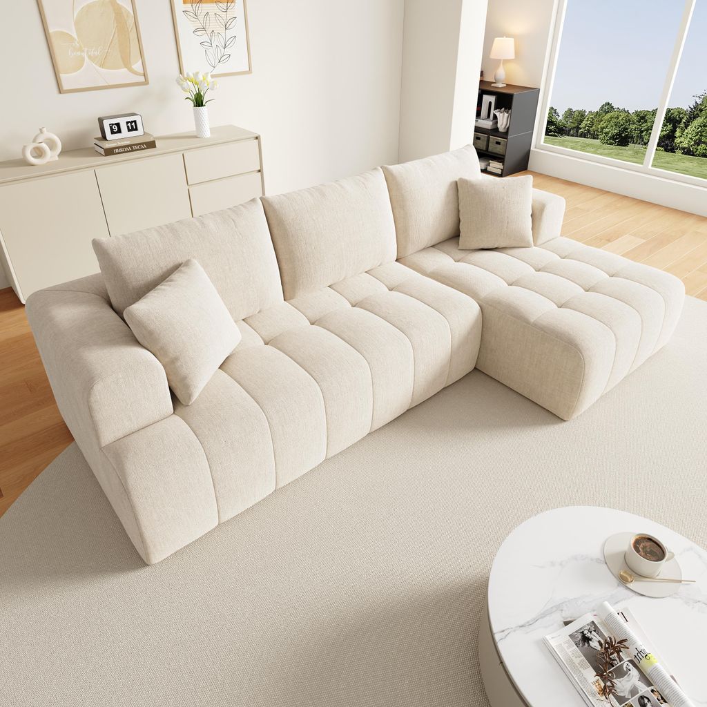 MODFU Ecksofa Modulsofa 3 Bis 4 Sitzer Bodennahes Design Ohne Rahmen Chenille Bezug Flexibel Kombinierbar Beige