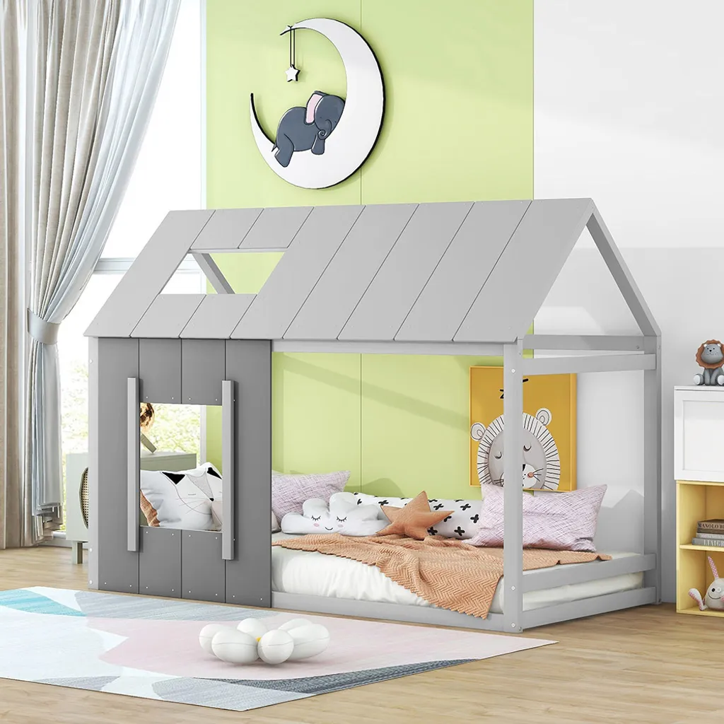 Lit Bas Enfant 90x200 Anti-chute Design Cabane Maison Gris avec Fenêtre