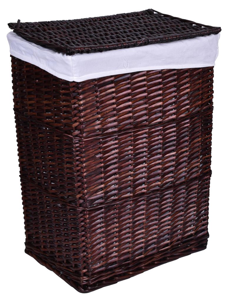 A brown wicker laundry basket with a white liner and lid.
