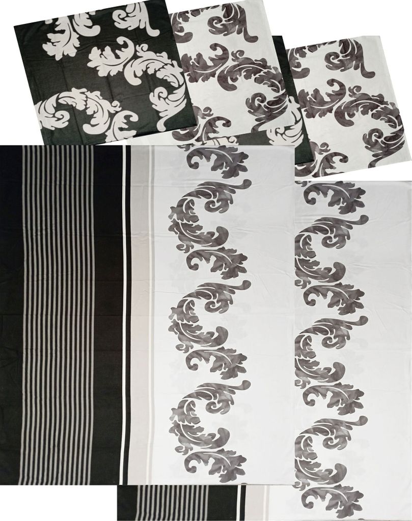 4-tlg. Biber Winter Bettwäsche 2x (135 x 200 + 80x80 cm), 100% Baumwolle, schwarz weiß, Streifen/Ranke