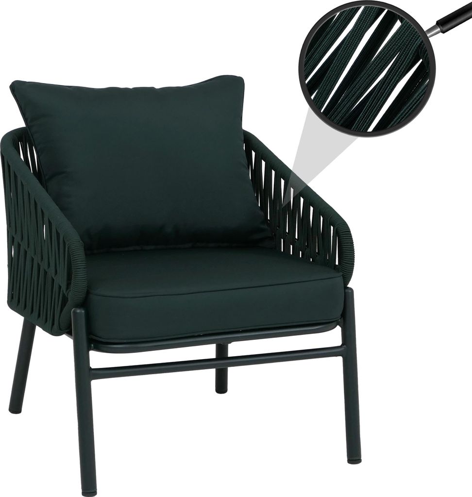 Aluminium-Gartenstuhl HWC-P90, Loungestuhl Sessel Outdoor, Seilgeflecht Rope Stoff/Textil (180g/m²) grün