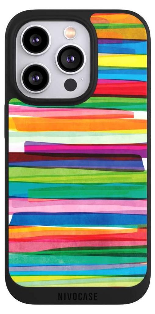 NIVOCASE Handyhülle für Apple iPhone 14 Pro Hülle NIVOpure Case Schwarz Streifen Wasserfarbe bunt