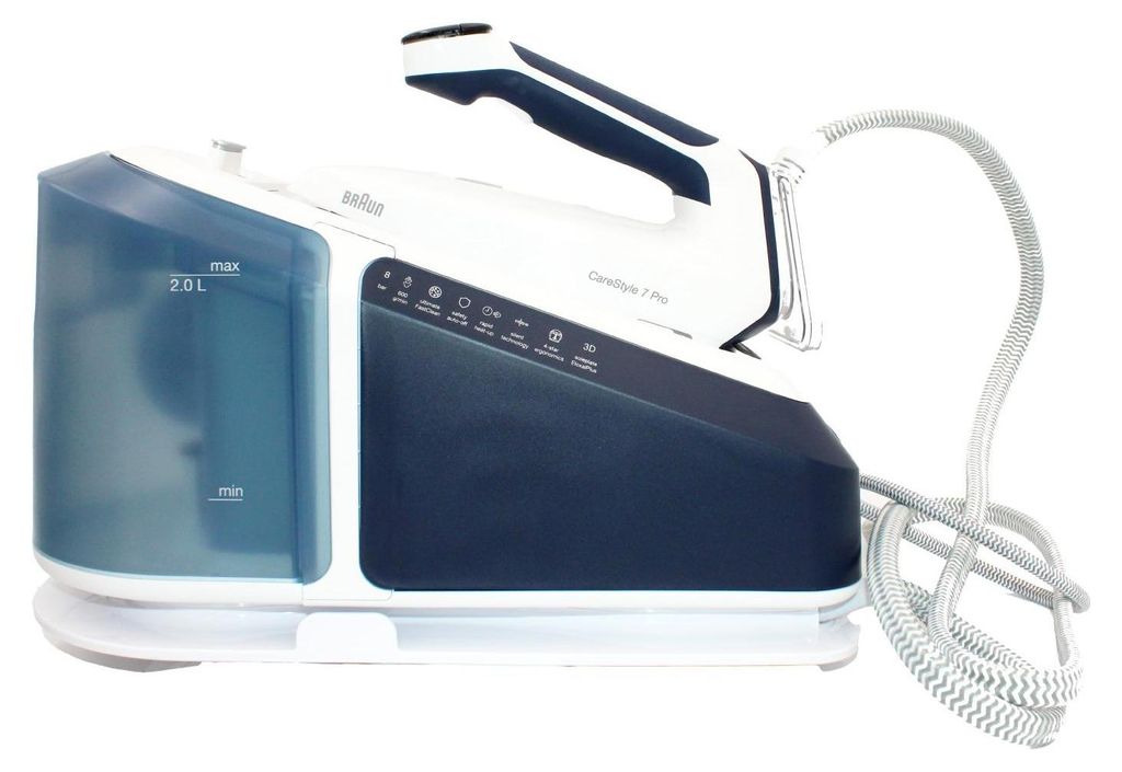 A Braun CareStyle 7 Pro IS7282 BL blau Dampfbügelstation is shown against a white background.