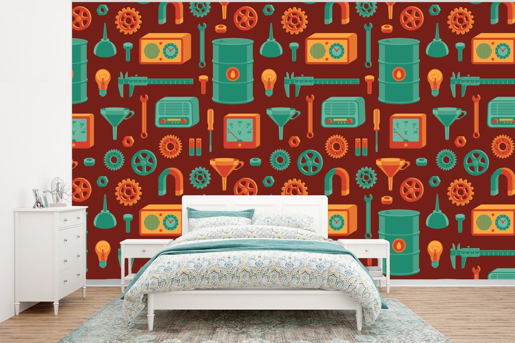 MuchoWow Fototapete für Wohnzimmer oder Schlafzimmer Wandtapete Vinyl Motivtapete Muster - Retro - Werkzeuge - 375x280 cm - Schlafzimmer tapete