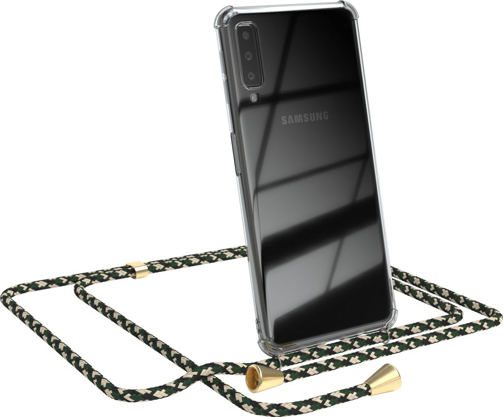 EAZY CASE Handykette kompatibel mit Samsung Galaxy A7 2018, Handyhülle mit Umhängeband, Handykordel, Schutzhülle Clear, Band in Grün