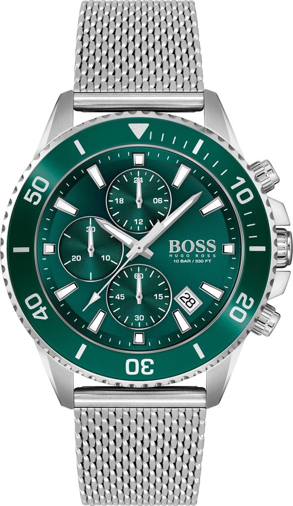 BOSS Chronograph Quarz Uhr für Herren mit Silbernes  Edelstahl-Mesh-Gliederarmband 1513905